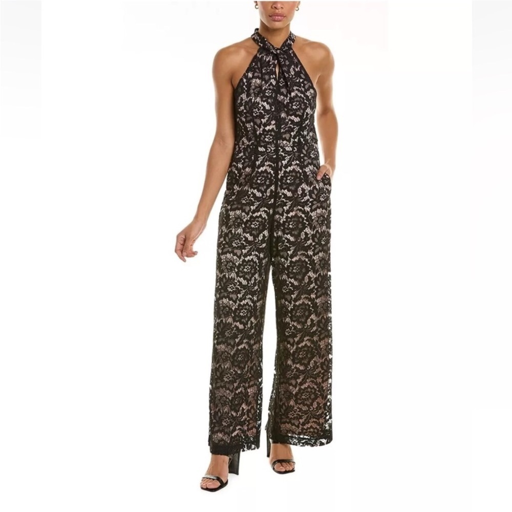 Julia Jordan Lace Black Nude Sleeveless Halter Jumpsuit